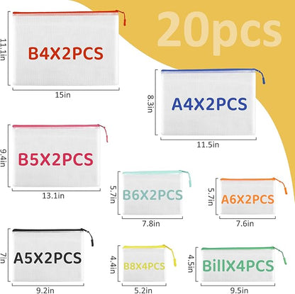 20pcs Mesh Zipper Pouch Bags, Zipper Bags for Office Supplies,12 Colors for Puzzles Board Game Storage, 8 Sizes for Reusable Plastic Zip Organizer for Travel