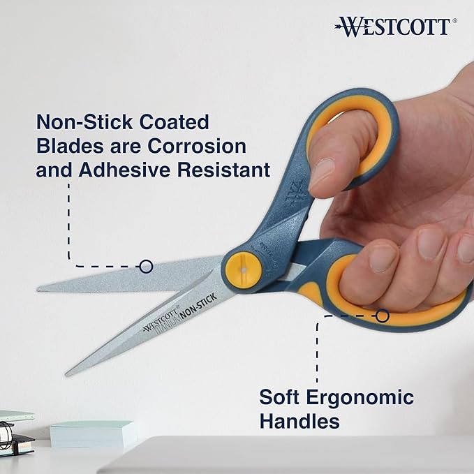 Westcott ‎17597 8-Inch Non-Stick Titanium Scissors For Office and Home, Blue/Gray, 6 Pack