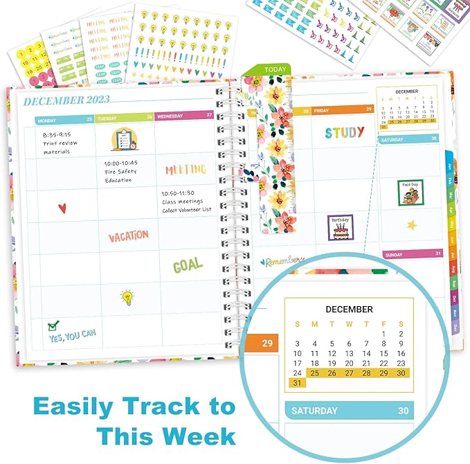 Teacher Planner 2024-2025, Weekly and Monthly Planners 2024-2025 for Women & Men in Aug.2024 - Jul.2025, 8.5"x 11" Marked Tabs, Hardcover with Elastic Closure, Back Pocket, Twin-Wire Binding (Flower)