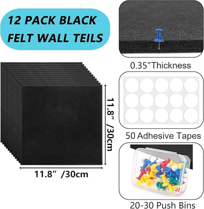 YOUEON Black Felt Bulletin Board for Wall 48" x 36", 12 Pack Black Cork Board Alternative with Pushpins & Self Adhesive Stickers, Soundproof Wall Tiles, Pin Boards for Home Office School