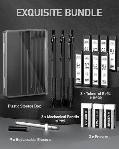 Four Candies Mechanical Graphite Pencil Set, 3pcs Black Metal Pencils with Anti-Skid Grip, Ideal for Artists, Professionals, Teachers and Students