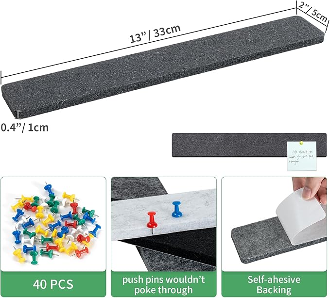 Cork Board for Walls - 8 Pack Felt Pin Board Bar Strips - Self-Adhesive Lightweight Bulletin Board - Cork Board for Office with 40 Push Pins No Damage for Wall