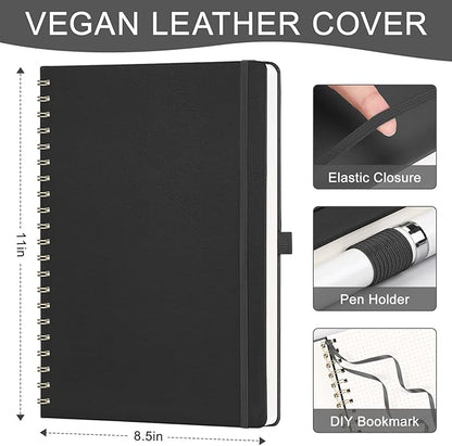 AHGXG Bullet Dotted Journal Spiral Notebook 8.5" x 11", Large A4 Leather Hardcover Dotted Notebook, 100 GSM Thick Dot Grid Paper, Inner Pocket, for Bullet Journaling, Black