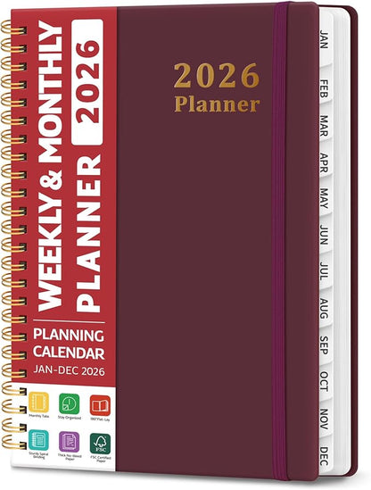 2026 Planner, Weekly and Monthly Calendar Planner, January 2026 - December 2026, Hardcover 2026 Calendar Planner Book with Tabs For Women & Men, Inner Pocket, Spiral Bound, Perfect for Office Home School Supplies - A5 (6.3" x 8.5"), Burgundy