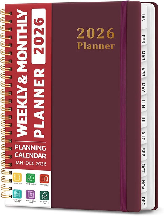 2026 Planner, Weekly and Monthly Calendar Planner, January 2026 - December 2026, Hardcover 2026 Calendar Planner Book with Tabs For Women & Men, Inner Pocket, Spiral Bound, Perfect for Office Home School Supplies - A5 (6.3" x 8.5"), Burgundy