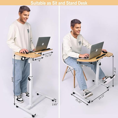 Multifunctional Height Adjustable Table with Wheels | Ultimate Single Workstation, Study Desk, Bedside Table, Recliner Tray Table, Presentation Cart and Laptop Stand | Tilting Tops (Pine White)