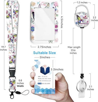 Butterfly flowerBadge Holder with Retractable Reel and Breakaway Lanyard，Badge Clips Retractable Heavy Duty Badge Reel，Funny Keychain，ID Holder with Breakaway Lanyard for School Nurse Office Teen