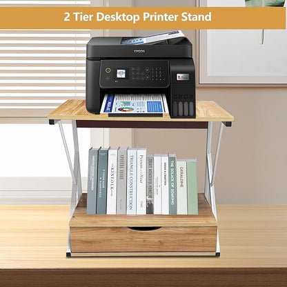 Printer Stand for Desk,2 Tier Desktop Printer Stand,Home Printer Stand with Storage Drawer,Small Printer Table,Desk Organizer Shelf for Top of Desk,Printer Rack for Fax Machine,Scanner-Oak