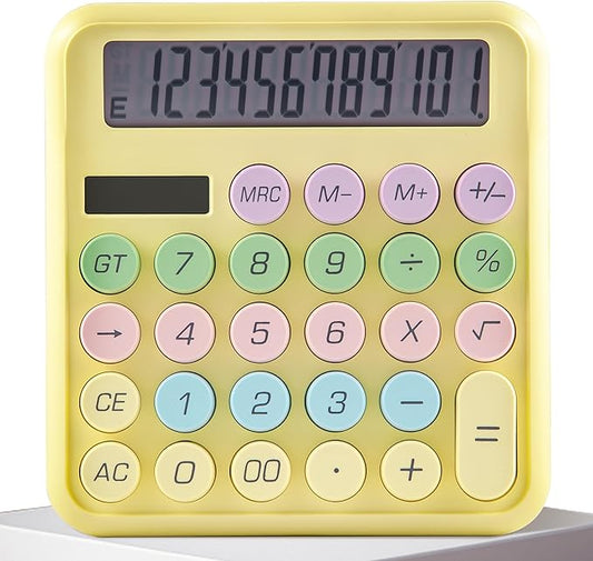 Golcellia Calculators Desktop, Yellow Mechanical Calculator, Cute Calculator 12 Digit Desk Basic Calculator Large Display, Dual Power Solar Battery, Office Home School Supplies for Adults & Students