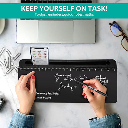 Desk Whiteboard Dry Erase Glass Whiteboard with 15“ Ruler Marker,Tilted Notepad Computer Keyboard Stand with Black Dry Erase Board Surface, Desktop White Board to-do List Memo Notepad,Black