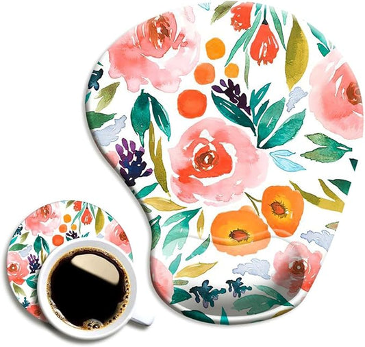 DOOKE Ergonomic Mouse Pad with Wrist Support and Coaster,Mouse Pads with Non-Slip PU Base for Home Office Working Studying Easy Typing & Pain Relief Pretty Floral
