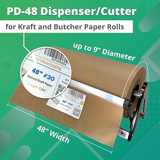 IDL Packaging PD-48 Durable Paper Roll Dispenser & Cutter for up to 48" Width and 9" Diameter Rolls - Horizontal Tabletop Paper Holder - Steel Dispenser with Cutter for Kraft or Butcher Paper