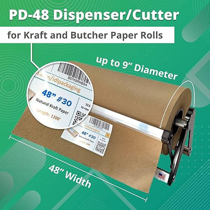 IDL Packaging PD-48 Durable Paper Roll Dispenser & Cutter for up to 48" Width and 9" Diameter Rolls - Horizontal Tabletop Paper Holder - Steel Dispenser with Cutter for Kraft or Butcher Paper