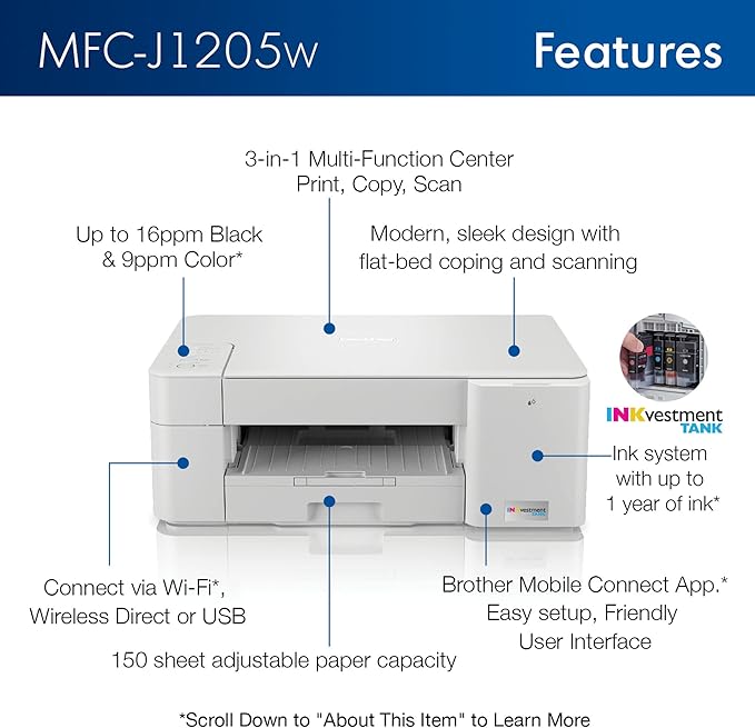 Brother MFC-J1205W INKvestment -Tank Wireless Multi-Function Color Inkjet Printer with Up to 1-Year in Box, Works with Alexa