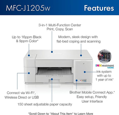 Brother MFC-J1205W INKvestment -Tank Wireless Multi-Function Color Inkjet Printer with Up to 1-Year in Box, Works with Alexa