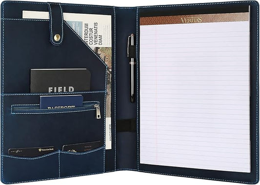 Personalized Leather Portfolio for Men, Engraved Leather Clipboard Portfolio Binder, Custom Leather Resume Padfolio for Women, Christmas Gift for His/Her (Notepad, Blue-Custom)