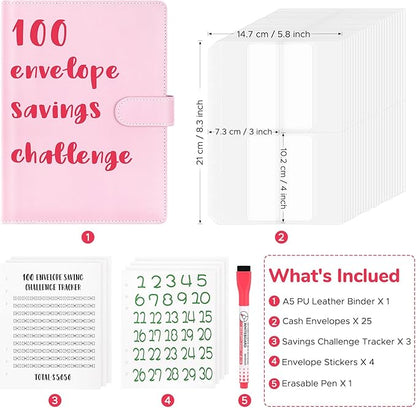 100 Envelopes Challenge Binder, A5 Money Saving Budget Binder with Upgraded Cash Envelopes & Pen, Budget Savings Challenge Book to Save $5,050, 3 Reusable Laminated Saving Challenge Tracker Included