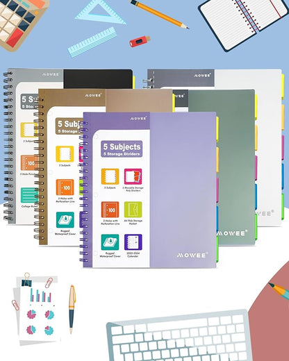 5 Subject Notebook - Spiral Notebook, College Ruled Notebook With Dividers Pocket, Tabs, 11" Ruler, 200 Pages, for Writing Journal, Home & Office, School Supplies, 8.5''x11'' Violet