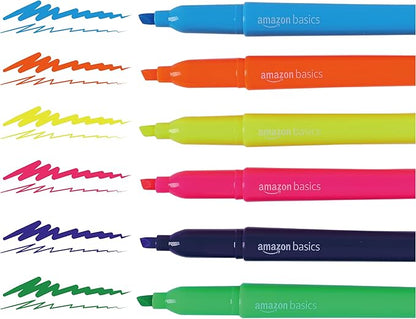 Amazon Basics Highlighters, Fluorescent Ink, Chisel Tip, Assorted Colors, School Supplies, 12 Pack
