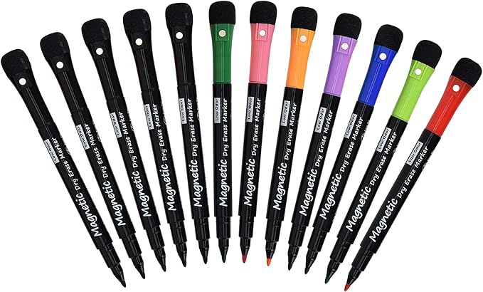 Magnetic Dry Erase Markers, Fine Tip Low Odor Whiteboard Markers for Kids & School, Work On White board & Calendar, Refrigerator (12 Pack)
