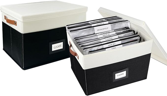 Board Game Storage, Board Game Organizer with 12pcs Zipper Bags and Writable Stickers, Board Game Organizers Storage with Lid for Office Supplies,Puzzles,Video Game,Craft Product (Black, 2-Pack Large)