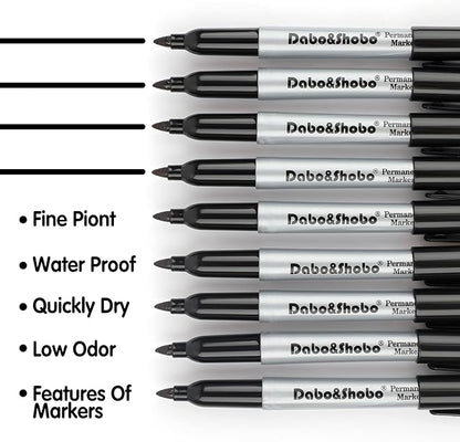 Dabo&Shobo Permanent Markers, 160 Pack Black Permanent Markers Bulk, Fine Tip, Quick Drying, Waterproof Markers, Work On Wood, Metal, Plastic, Stone, Glass For Office School Home