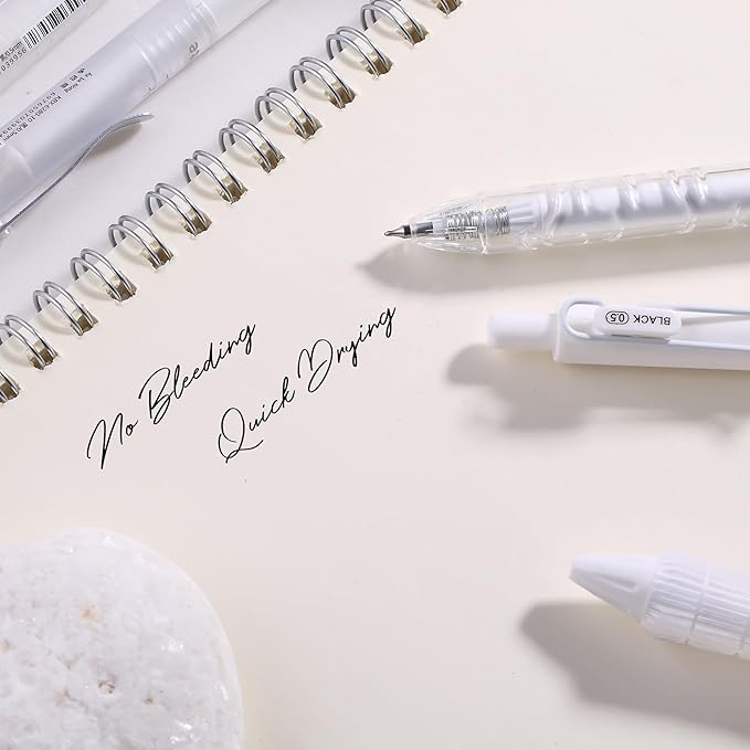 5 Count Pastel Gel Ink Pen Set,Cute Note Taking 0.5mm Fine Point Retractable 5 Count Black Ink Pens for Writing, Journaling, School, Office (White Clear)