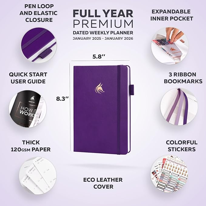 Clever Fox Dated Planner Premium Edition – 2025-2026 Weekly Planner for Planning, Goal Setting & Time Management – Planner Notebook with Habit Tracker & to-do List – A5 Size (Purple)