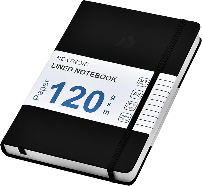 Nextnoid Hardcover Lined Journal Notebook - 120 GSM Thick Paper, Medium A5-256 Pages - Perfect For Writing, Journaling and Note-Taking (Black, Ruled)