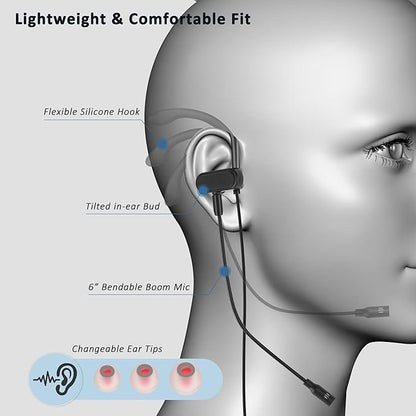 Single-Side USB Earbud with Boom Mic, USB-A Headphone for PC, Mac, Laptop, Desktop, PS4, PS5 & Call Center, Ideal for Conference, Gaming, Remote Work, 5.9FT Long Cord, Right-Ear Only