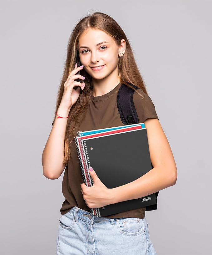 Dunwell 1 Subject College Ruled Notebooks, (3-Pack, Red, Blue, Black) Spiral Notebooks 8.5 x 11, Plastic Covers, Poly Pocket Dividers, 100 Sheets (200 Pages), 3-Hole Punched Perforated Paper