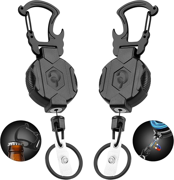 2 Pack Retractable Keychain Heavy Duty Carabiner Badge Holder with Magnetic Closure, Tactical ID Badge Reel for Men with 32” Steel Retractable Cord, Bearing 17 OZ