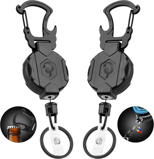 2 Pack Retractable Keychain Heavy Duty Carabiner Badge Holder with Magnetic Closure, Tactical ID Badge Reel for Men with 32” Steel Retractable Cord, Bearing 17 OZ