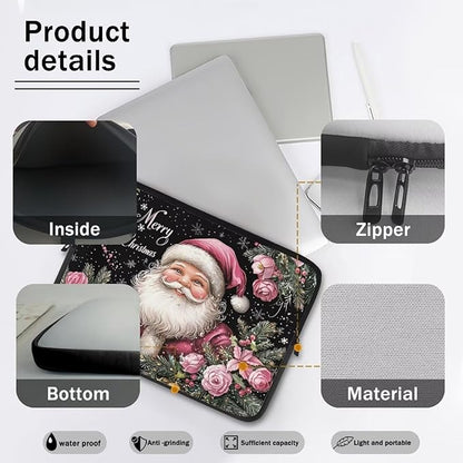 Christmas Laptop Sleeve for Women 15 inch Laptop Protector with Versatile Uses Computer Sleeve Neoprene Lap Top Case for Daily Use School Travel Tablet Bag Santa Claus