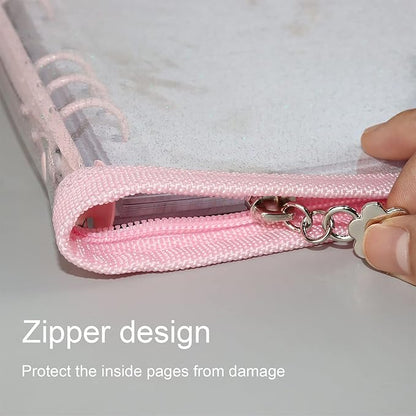 Multibey A5 Binder Cover Clear Soft PVC 6-Ring Binder Cash Budget Evelopes System with Zipper Planner Organizer Refillable Notebook Journal Binder (Pink, A5)