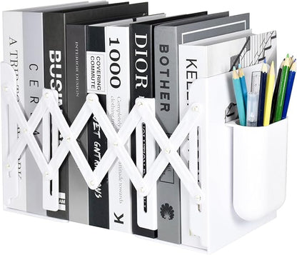 SAYEEC Adjustable Bookends with Pen Holder Expandable Book Ends for Heavy Books Plastic Desk Book Holder Stand Stopper Rack Magazine Binder Organizer for Shelves Bookcase Office School Home (White)