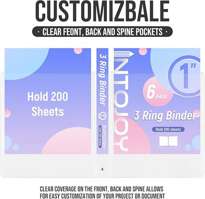 3 Ring Binder 1 Inch, IntoJoy 6 Pack Clear View 3 Hole Binder PVC-Free Fits 8.5x11 Inch Paper Flexible Round Ring Binders for School Office Home Binder Supplies (White)