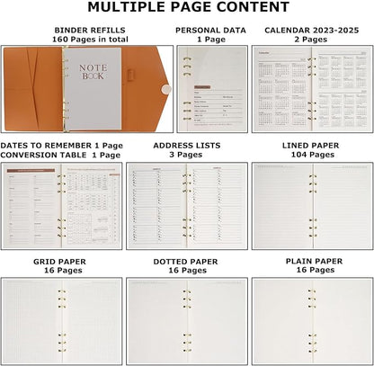 HXRTANGS PU Leather Notebook Binder Set A5, Refillable Writing Journal Planner Organizer with Paper Refills, Index Flags, Subject Dividers, Budget Stickers, Zipper Pocket and Bookmark Ruler, Orange