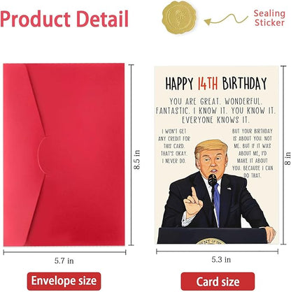 Funny Trump 14th Birthday Card for Boy Girls, Best 14 Year Old Birthday Gift for Son Daughter, Unique Birthday Decorations for Grandson Granddaughter, Coolest Trump Birthday Card for Him Her