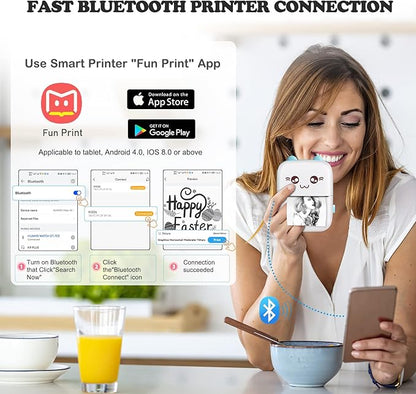 Mini Sticker Printer, Inkless Thermal Printer with 10 Rolls Paper, Portable Bluetooth Pocket Printers for Photo Journal Notes Memo, Compatible with Phone Android or iOS