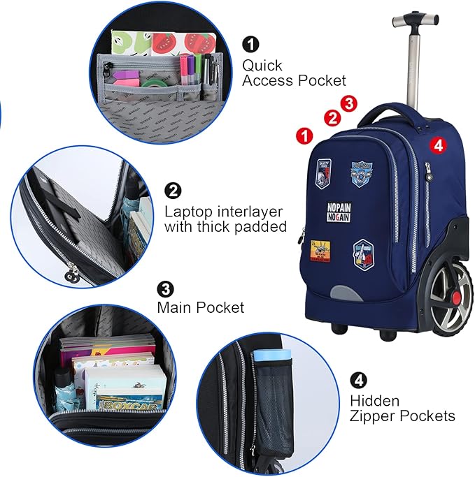 UNIKER Rolling Backpack without Straps for Boys, Roller Travel Bag,Wheeled Bookbag High School,Trolley Middle School Bag for Teens,Schoolbag with Wheels