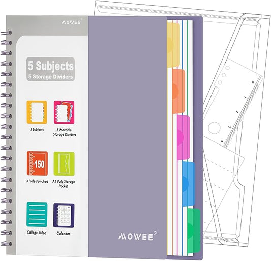 5 Subject Notebook - Spiral Notebook, College Ruled Notebook With Dividers Pocket, Tabs, 11" Ruler, 300 Pages, for Writing Journal, Home & Office, School Supplies, 8.5x11'' Purple150Sheets
