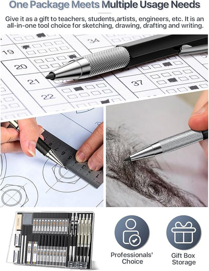 37PCS Art Mechanical Pencil Set, Drafting Pencil 5 Sizes- 0.3, 0.5, 0.7, 0.9MM & 2PCS 2.0MM Mechanical Drawing Pencils with 492PCS Leads (6B 4B 2B HB 2H 4H Color) for Artist Sketching Drawing