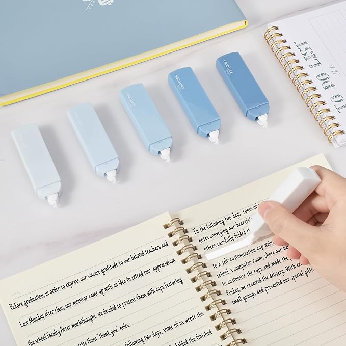 Temiary 6Pcs Mini White Out Tapes for Instant Correction, Cute Whiteout for Writing, Aesthetic Correction Tape Set Easy To Use for Students School Office Supplies (Blue)