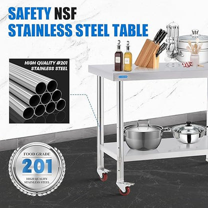 Stainless Steel Table for Prep & Work with 4 Caster Wheels with Undershelf 24 x 48 NSF Metal Commercial Kitchen Adjustable Under Shelf Worktable for Restaurant Home Outdoor