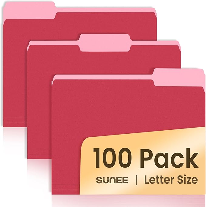 SUNEE File Folders Letter Size Red, 100 Pack Manilla Folders 8.5 x 11 1/3-Cut Tabs, Colored File Folders Office Home School for Documents Files Paper
