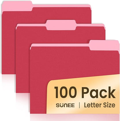 SUNEE File Folders Letter Size Red, 100 Pack Manilla Folders 8.5 x 11 1/3-Cut Tabs, Colored File Folders Office Home School for Documents Files Paper