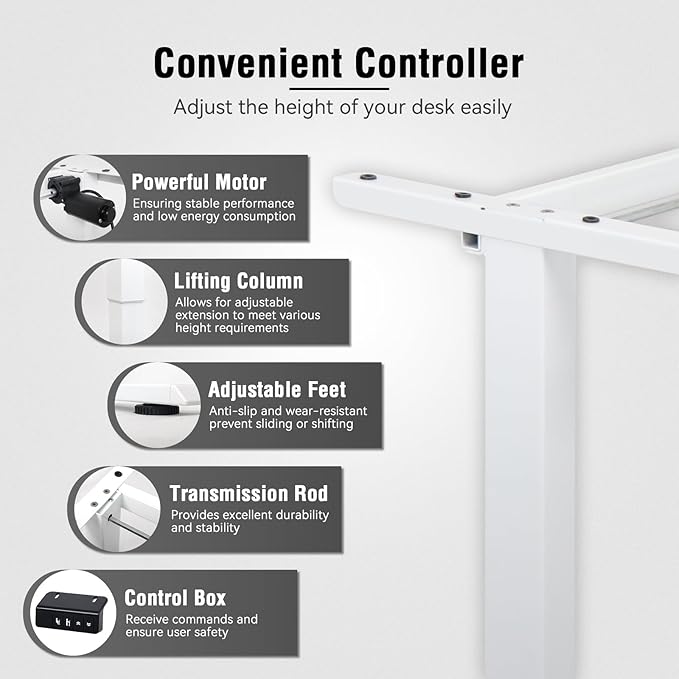 Electric Height Adjustable Stand up Desk Frame Sit Stand Desk Base with Memory Controller Ergonomic Standing Computer Table Legs Up to 45.28" for Home and Office, White Frame Only