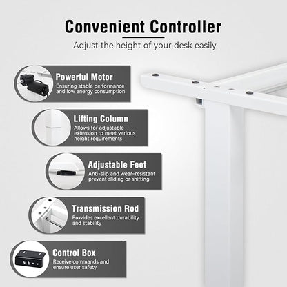 Electric Height Adjustable Stand up Desk Frame Sit Stand Desk Base with Memory Controller Ergonomic Standing Computer Table Legs Up to 45.28" for Home and Office, White Frame Only