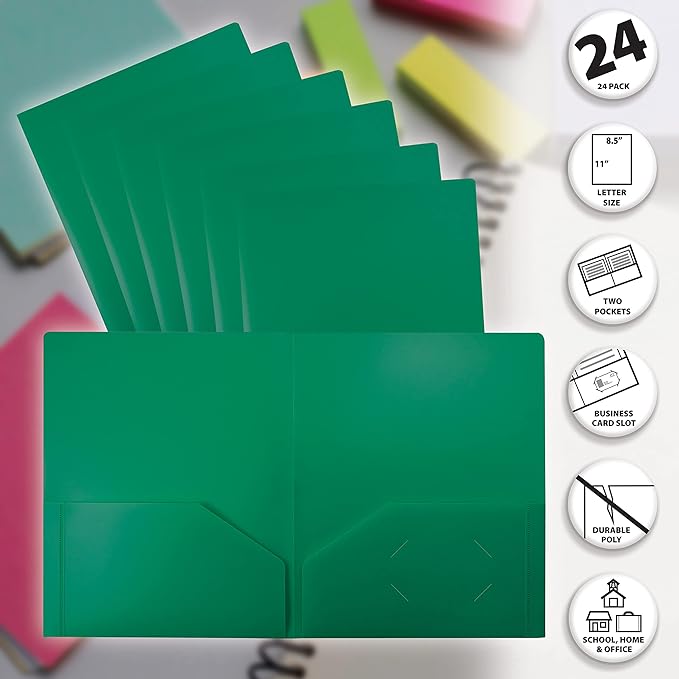Better Office Products Heavyweight Plastic 2 Pocket Portfolio Folder, Letter Size Poly Folders 24 Pack (Green)